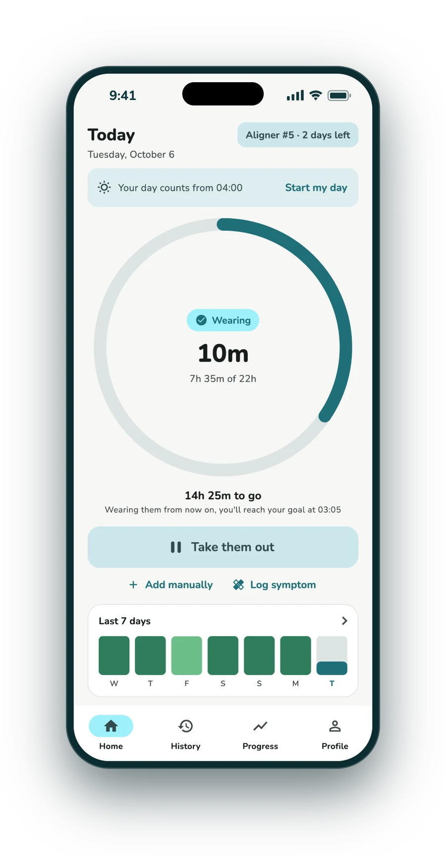 SmileHours home screen: 10 minutes worn, 7 h 35 min of 22 h
